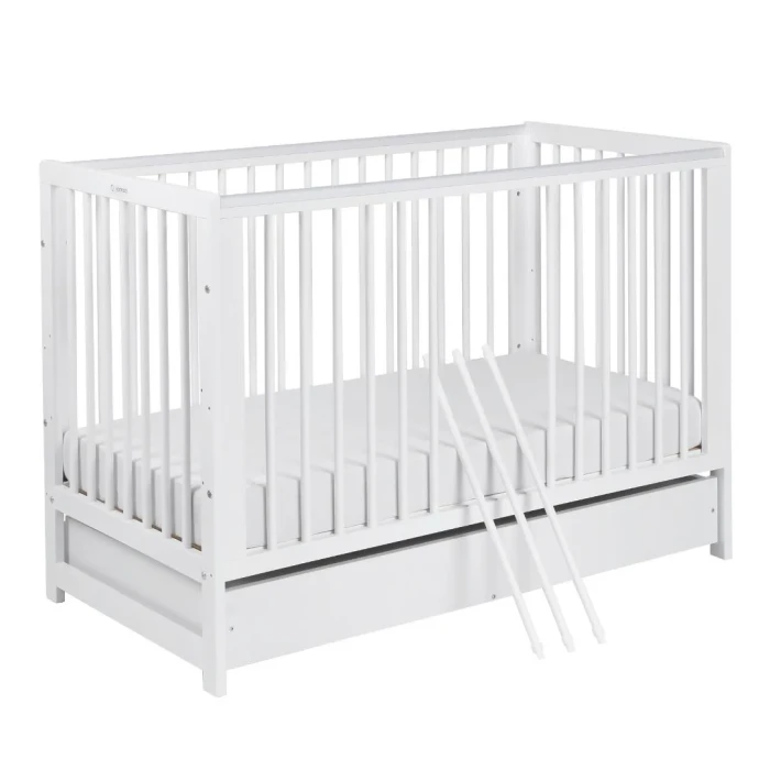 Yoonco TIMIO z barierką i szufladą białe wyjęte środkowe szczebelki.webp