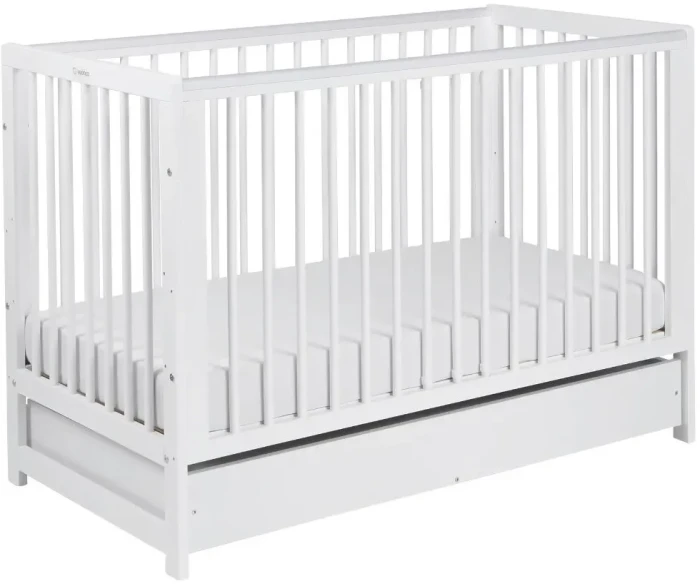 YOONCO TIMIO Łóżeczko drewniane z szufladą i barierką | Białe 