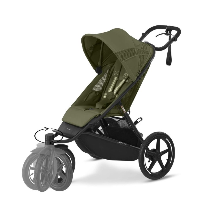 Wózek biegowy Cybex Avi Spin w kolorze zielonym moss green z przedstawioną możliwością skrętu przedniego koła
