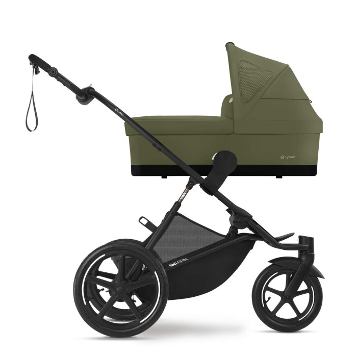 Stelaż wózka biegowego Cybex Avi Spin z zamontowaną gondolą w kolorze zielonym moss green, widok z boku
