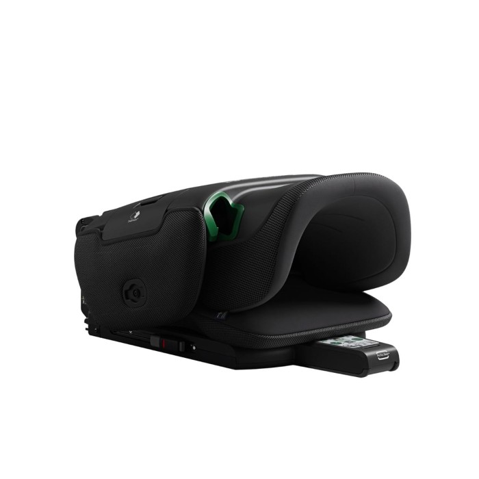 Złożony fotelik samochodowy Axkid Up w kolorze Arctic Mist Grey. Zdjęcie pokazuje kompaktowy rozmiar fotela dzięki funkcji QuickFold™, co ułatwia jego przechowywanie i transport.