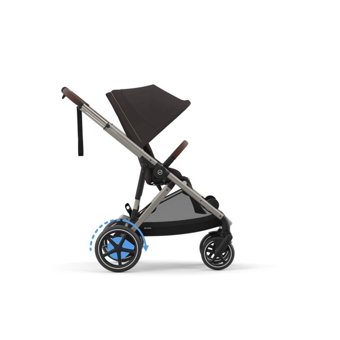 Wózek Cybex e-Gazelle w kolorze Chocolate Brown, widok z boku. Siedzisko spacerowe jest zamontowane tyłem do kierunku jazdy, z widocznym podnóżkiem i brązową rączką.