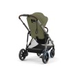 Wózek Cybex e-Gazelle z siedziskiem spacerowym, widok od tyłu. Widoczne niebieskie strzałki symbolizujące elektryczne wspomaganie jazdy.