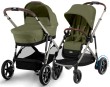 Zestaw 2w1 wózka Cybex e-Gazelle. Zestawienie wariantu z gondolą oraz wariantu z siedziskiem spacerowym w kolorze Moss Green, z widocznym elektrycznym wspomaganiem jazdy.