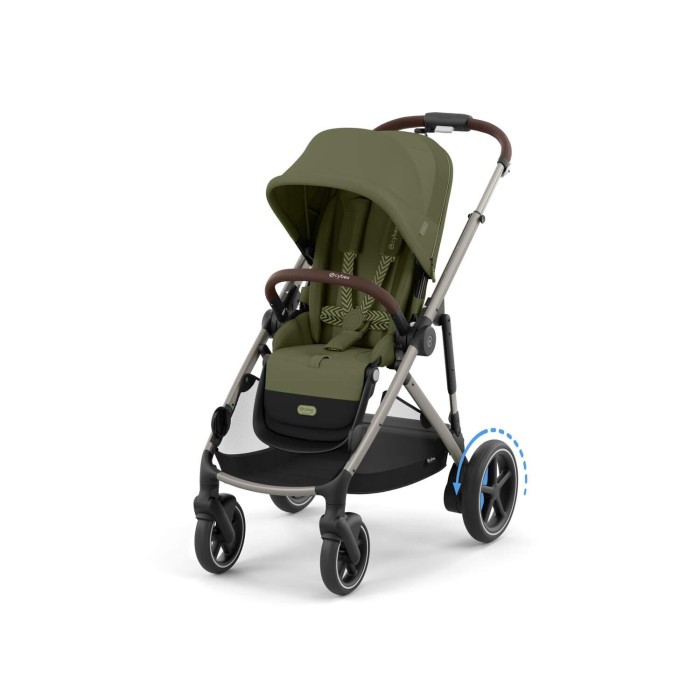 Wózek Cybex e-Gazelle z siedziskiem spacerowym w kolorze Moss Green, widok pod kątem. Widoczne niebieskie strzałki symbolizujące elektryczne wspomaganie jazdy.