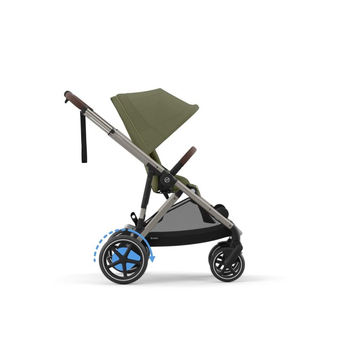 Wózek Cybex e-Gazelle z siedziskiem spacerowym w kolorze Moss Green, widok z boku. Widoczne niebieskie strzałki symbolizujące elektryczne wspomaganie jazdy.