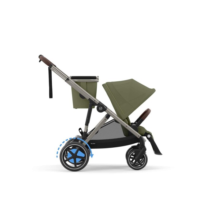 Wózek Cybex e-Gazelle z dodatkowym koszem shopper oraz siedziskiem spacerowym, widok z boku. Wózek jest w kolorze Moss Green, z widocznym elektrycznym wspomaganiem jazdy.
