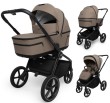 Wózek Muuvo FIVE 2w1 w kolorze Mokka. Duże zdjęcie główne przedstawia wózek z gondolą, a mniejsze zdjęcia prezentują ten sam wózek w obu konfiguracjach: z gondolą i siedziskiem spacerowym. Kompletny zestaw, idealny dla dziecka od urodzenia.
