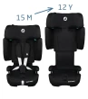 raficzne porównanie fotelika samochodowego Maxi-Cosi Nomad XL Plus w konfiguracji dla dziecka w wieku 15 miesięcy (z 5-punktową uprzężą) oraz dla 12-latka (w trybie boostera)