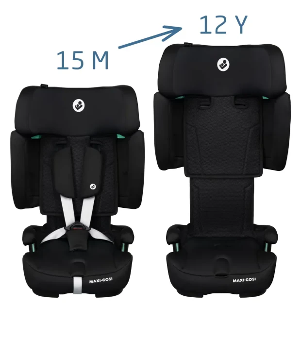 raficzne porównanie fotelika samochodowego Maxi-Cosi Nomad XL Plus w konfiguracji dla dziecka w wieku 15 miesięcy (z 5-punktową uprzężą) oraz dla 12-latka (w trybie boostera)