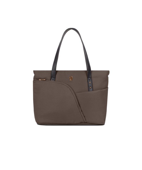 Torba pielęgnacyjna Venicci Upline 2 Brownie – elegancka brązowa torba z czarnymi rączkami, dopasowana do wózka.