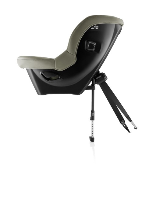 Britax Römer Max-Safe Pro Urban Olive – widok boczny z nogą stabilizującą i pasami mocującymi, kolor tapicerki Urban Olive