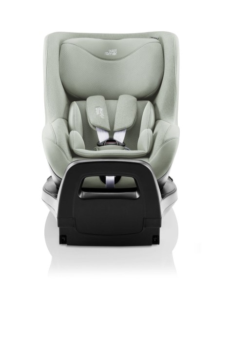 Britax Römer Dualfix Pro M Sage Green – fotelik samochodowy i-Size, ujęcie frontalne z wyraźnie widoczną uprzężą i zagłówkiem