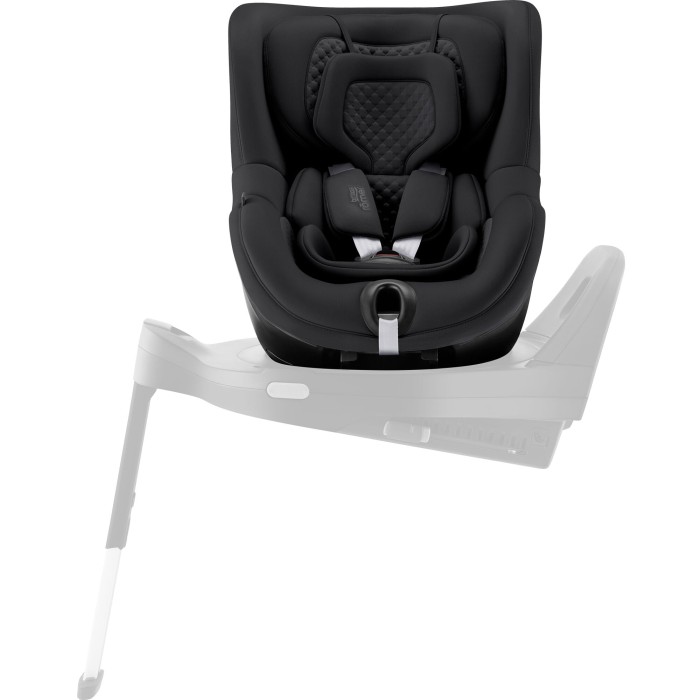 Britax Römer Dualfix 5Z Onyx Black – fotelik ustawiony pod kątem 90°, z wkładką Comfort Insert, ukazany na białym tle z wyszarzoną bazą, ułatwiający wkładanie dziecka.
