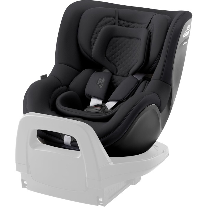 Britax Römer Dualfix 5Z Onyx Black – widok z wkładką Comfort Insert, fotelik obrotowy 360° w kolorze głębokiej czerni, zaprezentowany na białym tle z wyszarzoną bazą.