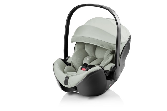 Fotelik Britax Römer Baby-Safe Pro Sage Green – widok boczny z rozłożonym daszkiem.