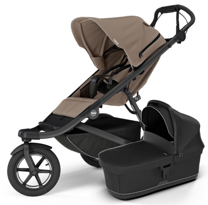Thule Urban Glide 3 2w1 – gondola w kolorze czarnym z daszkiem przeciwsłonecznym, kompatybilna z wózkiem do biegania.