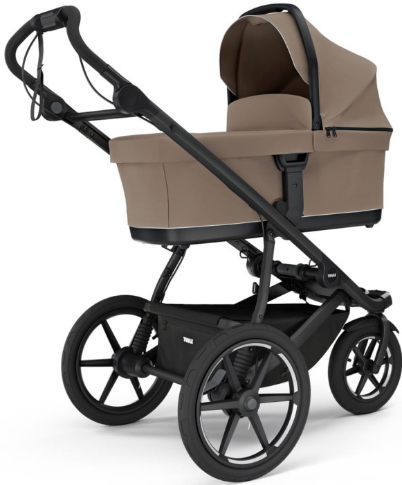 Wózek Thule Urban Glide 3 2w1 Tinted Taupe z gondolą – solidna konstrukcja z dużymi kołami, widok od tyłu.