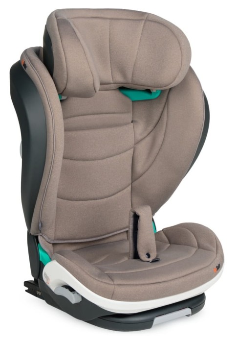 BeSafe IZI FLEX II - Kolor Sand Soft Breeze - Piaskowy - Fotelik dla starszaka 100-150 cm - widok pod skosem - podniesiony zagłówek