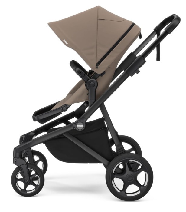 thule sleek 2 - wózek dziecięcy 2w1 - wersja spacerowa  - wózek z możliwością rozbudowy dla dwójki dzieci - kolor taupe (beż)  - widok od boku - przodem do kierunku jady