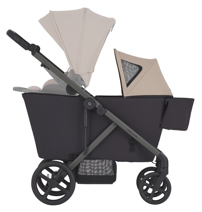 anex modu - wózek typu wagon dla dwójki dzieci - schemat z zamontowanym siedziskiem spacerowym - kolor shea - widok od boku