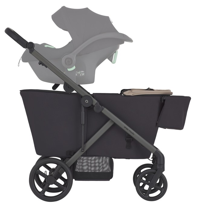 anex modu - wózek typu wagon dla dwójki dzieci - schemat z zamontowanym fotelikiem - widok od boku