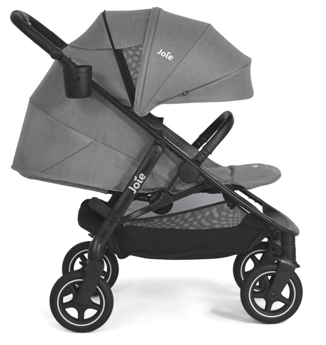 joie mydrift - wózek spacerowy z opcją obrotu wszystkich kół - oparcie na płasko - rozłożona budka - kolor quartz (szary) - widok od boku