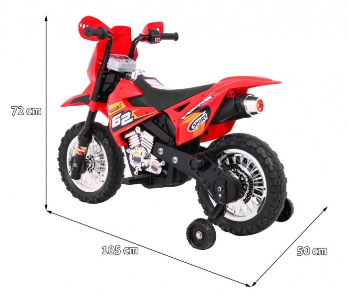 Motorek Cross dla dzieci Pojazd na akumulator Czerwony + Pomocnicze kółka + Dźwięki LED-2 7825 