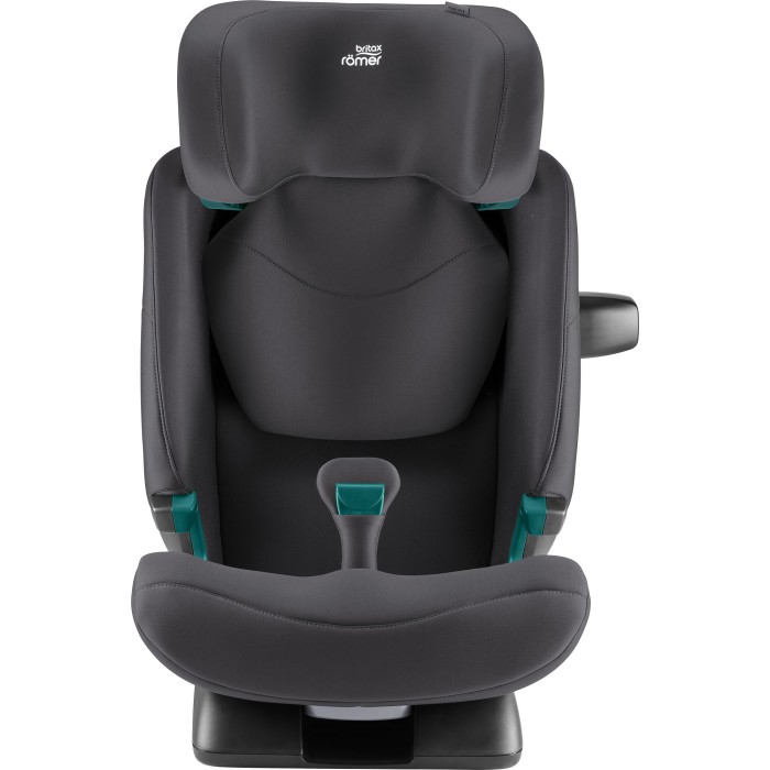 Britax Romer Safefix kolor Deep Grey fotelika dla starszaka - zdjęcie od frontu z zagłówkiem w środkowej wysokości