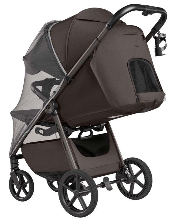 dziecięcy wózek spacerowy - carrello bravo lite deluxe - kolor supreme brown - widok od tyłu (przedłużona budka, wentylacja pleców, moskitiera)