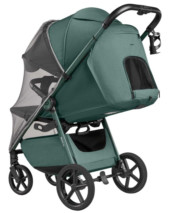 dziecięcy wózek spacerowy - carrello bravo lite deluxe - kolor county green - widok od tyłu (przedłużona budka, wentylacja pleców, moskitiera)
