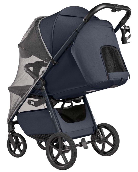 dziecięcy wózek spacerowy - carrello bravo lite deluxe - kolor Midnight Blue - widok od tyłu (przedłużona budka, wentylacja pleców, moskitiera)