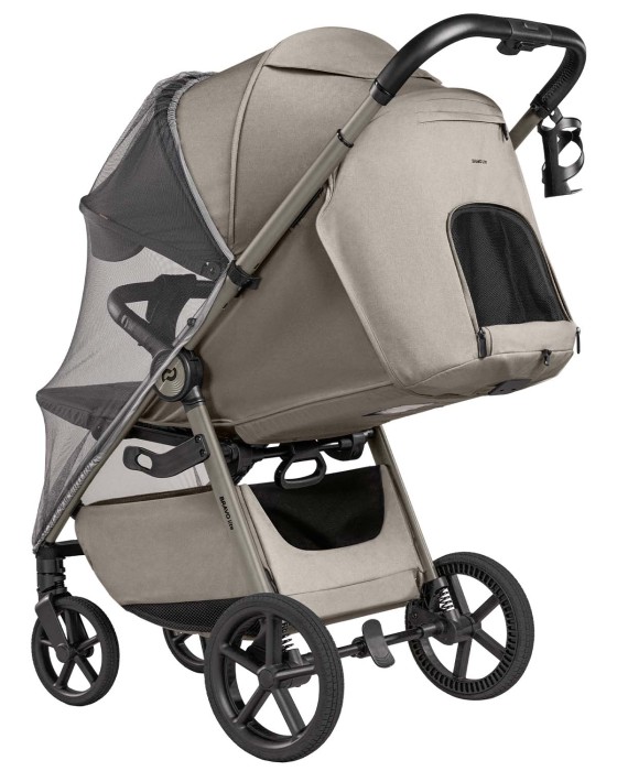 dziecięcy wózek spacerowy - carrello bravo lite deluxe - kolor oak beige - widok od tyłu (przedłużona budka, wentylacja pleców, moskitiera)