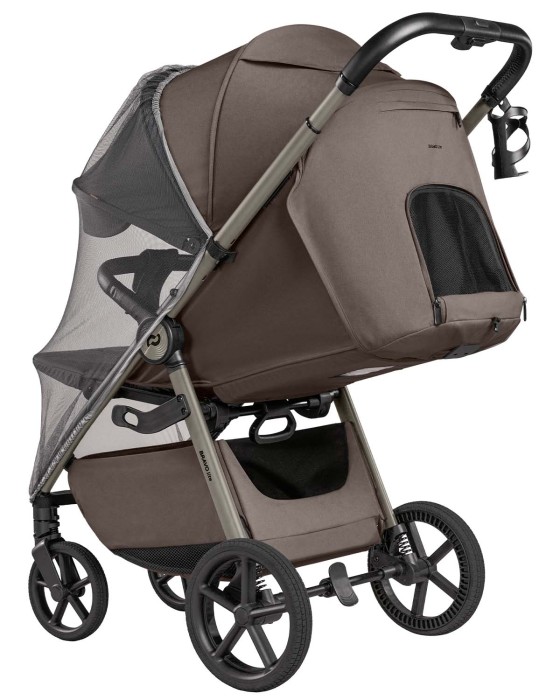dziecięcy wózek spacerowy - carrello bravo lite deluxe - kolor derby brown - widok od tyłu (przedłużona budka, wentylacja pleców, moskitiera)