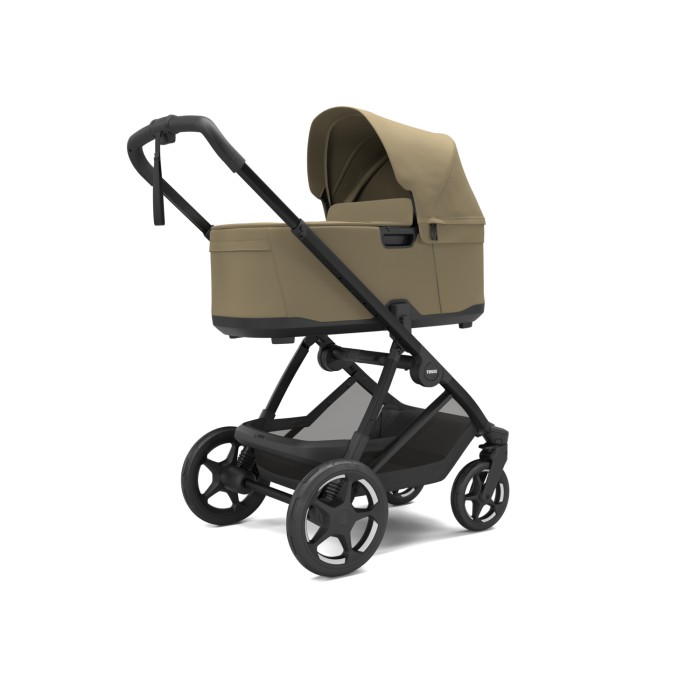 Thule Charm Fade Khaki gondola zapięta na stelażu widok po skosie